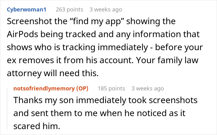 Screenshot of find my app tracking AirPods, highlighting concerns after ex-husband gives traceable device to son.