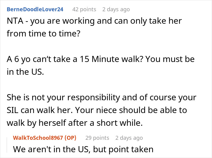 Reddit discussion about woman refusing to take niece to school causing sister-in-law family-wide meltdown debate.