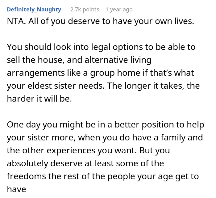Reddit comment discussing caretaker frustrations and exploring legal options for alternative living arrangements for a sibling.