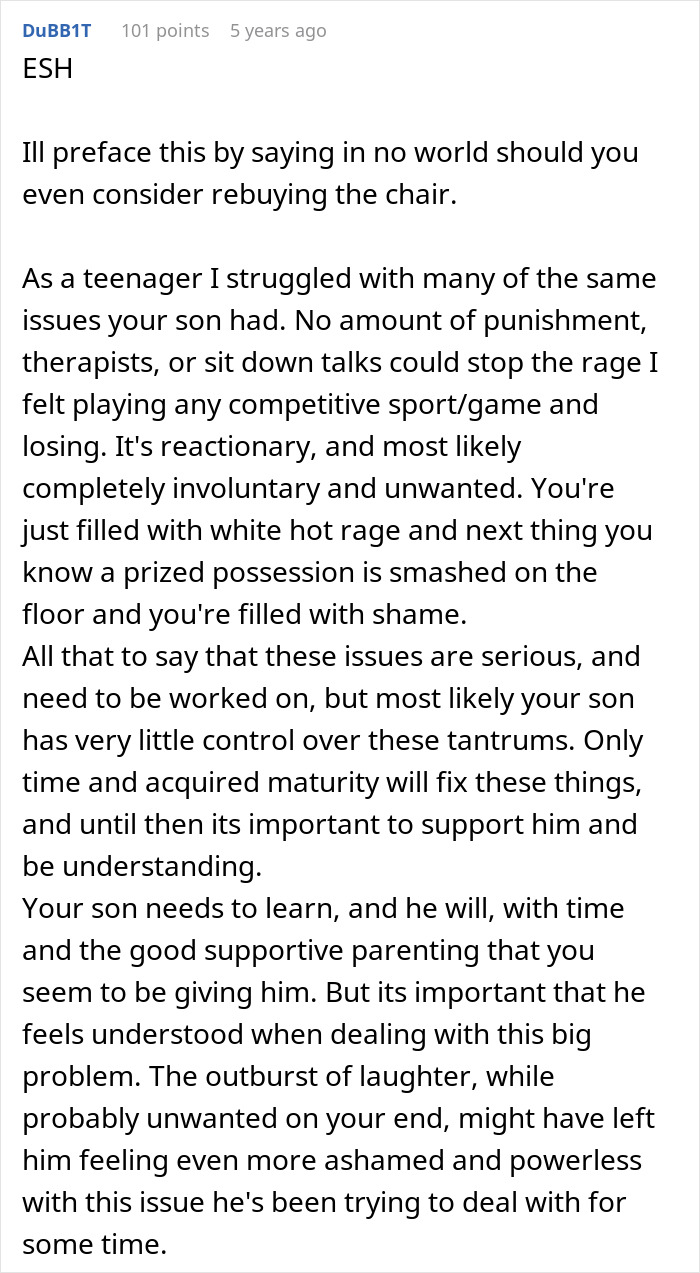 Comment about teen breaking chair and seeking dad&rsquo;s replacement, discussing teen behavior and anger management.