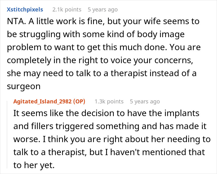 Screenshot of an online discussion about a woman asking her husband about plastic surgeries and body image concerns.