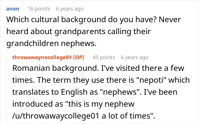 Reddit conversation about cultural terms for nephews involving mom affair college money dad discussion.