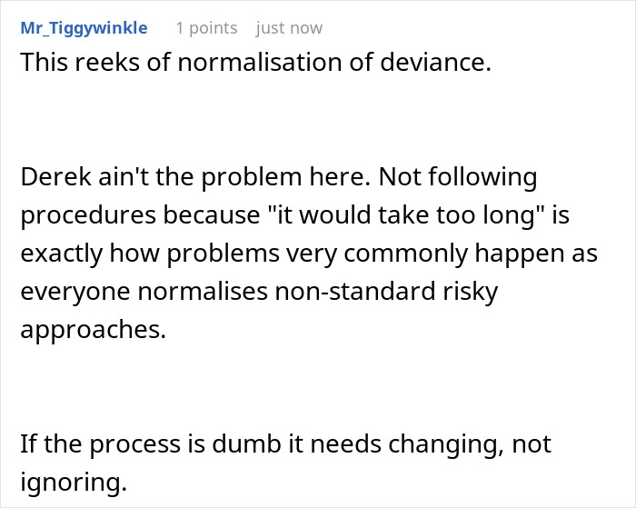 Screenshot of an online comment discussing how strict following of procedures can impact office workflow and cause shutdowns.