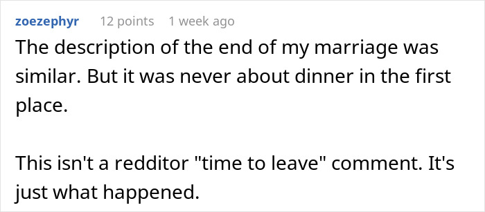 Reddit comment about relationship struggles when a guy leaves domestic chores to wife and expects dinner served.