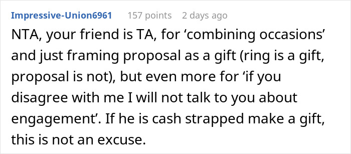 Screenshot of a Reddit comment discussing a man who wrongly thinks his proposal counts as a Christmas gift.