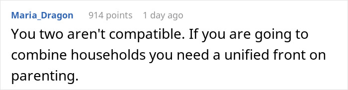 Screenshot of an online comment where a user discusses compatibility issues about parenting and combining households. Screenshot of an online comment where a user discusses compatibility issues about parenting and combining households.