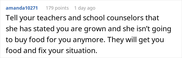 Screenshot of a Reddit comment discussing a mom retiring from parenting and making kids buy their own food.