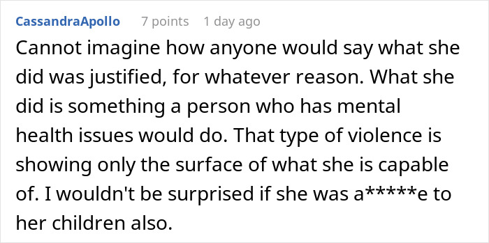 Screenshot of an online comment criticizing a woman who destroyed her child&rsquo;s Christmas presents over charity disputes.