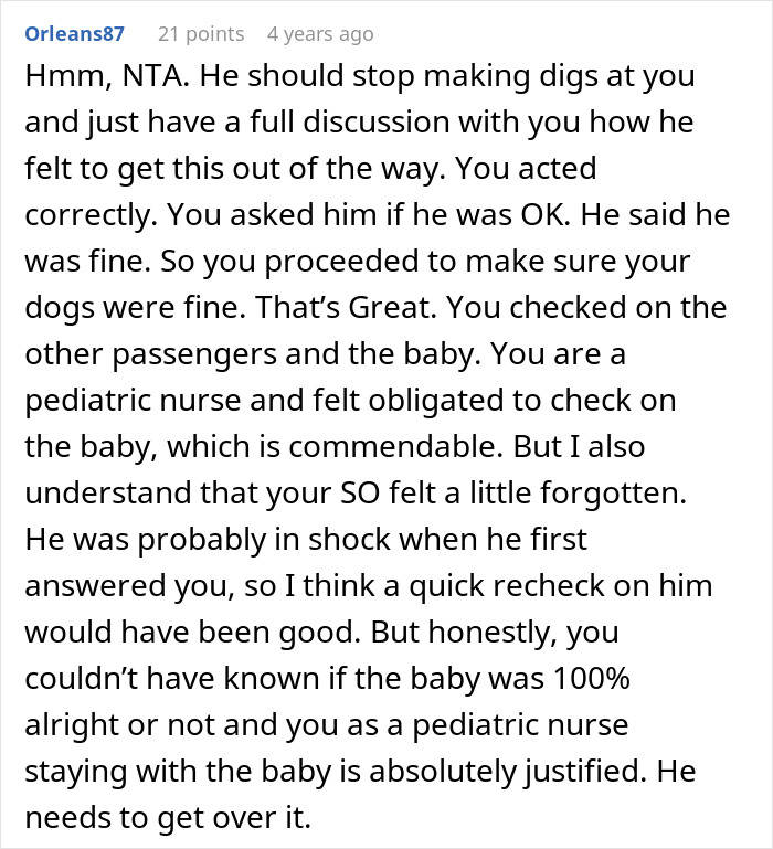 Reddit comment discussing a guy upset his nurse girlfriend prioritized dogs and a baby during a car crash situation.