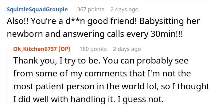 Screenshot of online comments about babysitting a newborn and answering panic calls every 30 minutes.