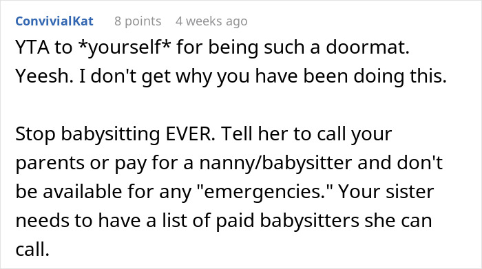 Text comment about stopping free babysitting and suggesting paid babysitters for emergencies, highlighting babysitting expectations.