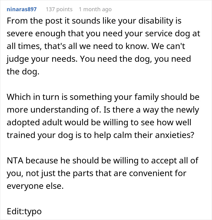 Comment explaining the importance of a woman&rsquo;s service dog and family understanding during Thanksgiving drama.