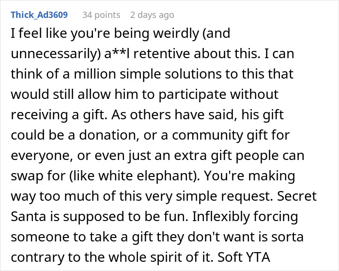 Comment discussing Secret Santa organizer refusing coworker participation if unwilling to receive a gift, suggesting flexible alternatives.
