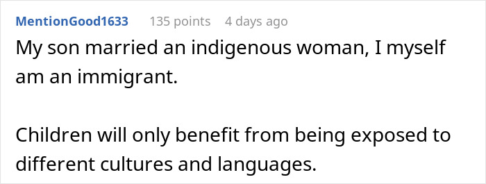 Reddit user sharing thoughts on culture and language exposure in a comment about an indigenous woman and immigrant family.