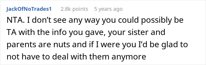 Screenshot of a Reddit comment discussing parents demanding a woman give up a career opportunity for her golden-child sister.