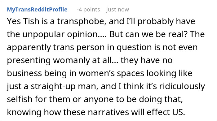 Reddit comment discussing trans woman confrontation and perspectives on presence in women's locker room spaces.