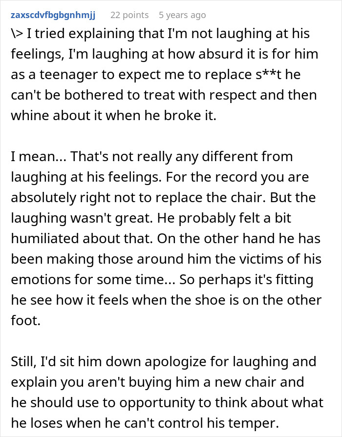 Text discussing a teen asking his dad to replace a broken chair one day after getting it, highlighting fairness and respect.