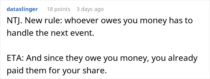 Comment on coworkers Venmo ghosting birthday organizer and the rule for who handles the next event when money is owed.