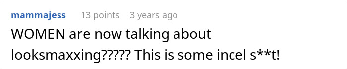 Screenshot of a comment discussing looksmaxxing and reactions related to looks-obsessed behavior and plastic surgery gift cards.