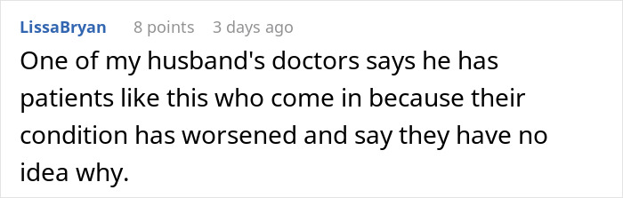 Screenshot of an online comment about a woman's eating habits affecting her coworker and worsening health conditions.