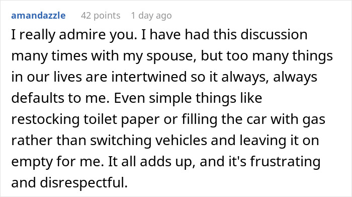 Comment expressing frustration about intertwined responsibilities after a woman stops treating her husband like a kid.