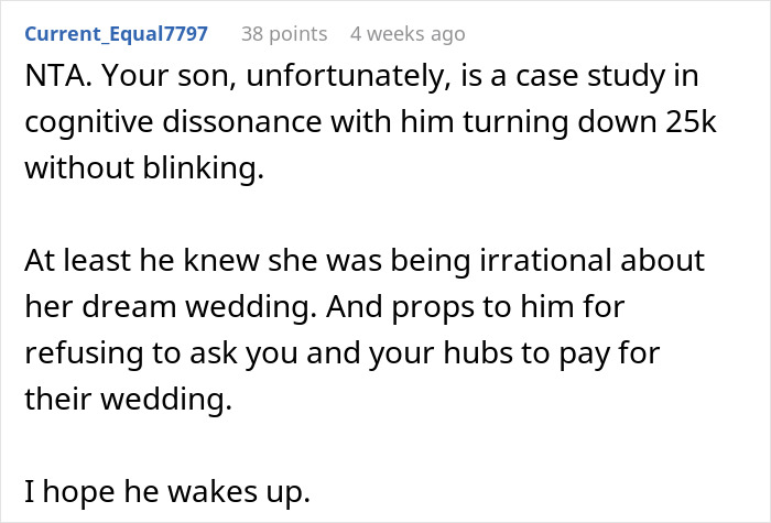 Comment discussing a future daughter-in-law&rsquo;s $80,000 wedding demand and wealthy in-laws asking for a prenup in return.