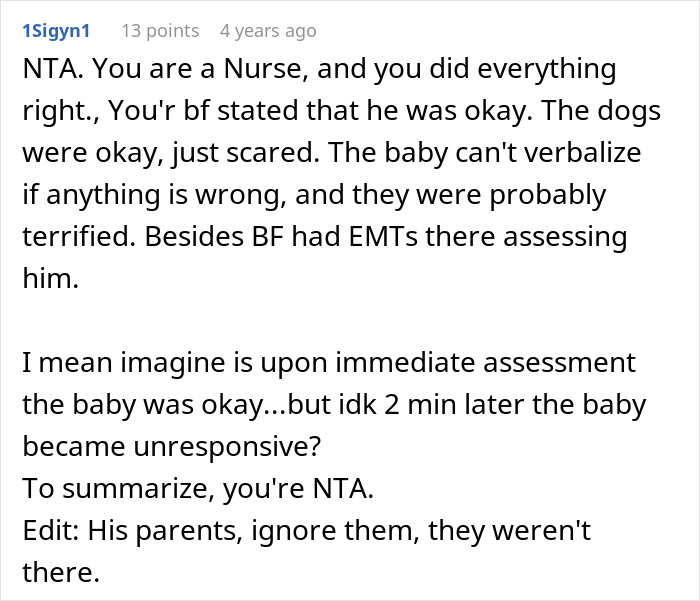 Comment discussing a nurse girlfriend prioritizing dogs and a baby&rsquo;s safety during a car crash, addressing boyfriend&rsquo;s concerns.