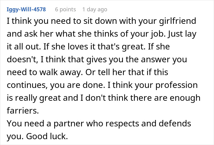 Commenter advising on relationship and job respect, reflecting a funny guy mocking daughter’s boyfriend because of his job. Commenter advising on relationship and job respect, reflecting a funny guy mocking daughter’s boyfriend because of his job.