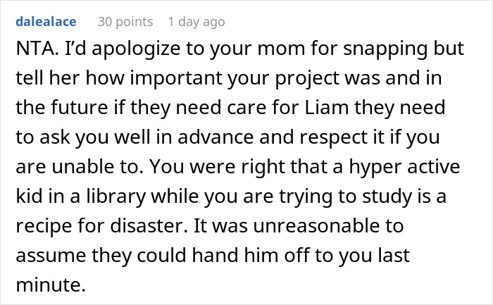 Screenshot of a Reddit comment discussing boundaries about babysitting and handling responsibility for a girlfriend's son.