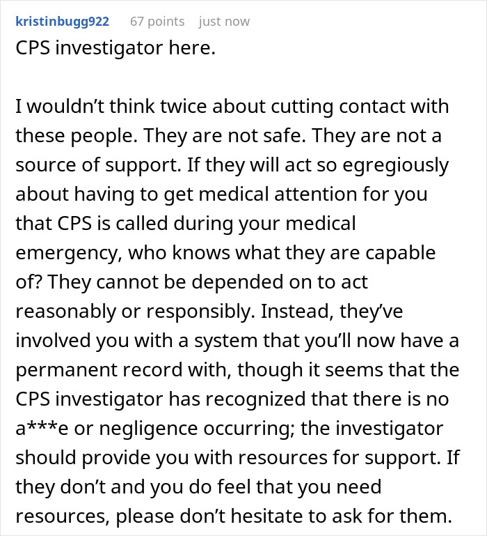 Comment discussing CPS investigator insights on toxic family behavior and medical emergencies involving child protective services.