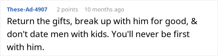 Comment text on white background about woman buying expensive gifts for boyfriend&rsquo;s kids but being told she can&rsquo;t spend Christmas with them.