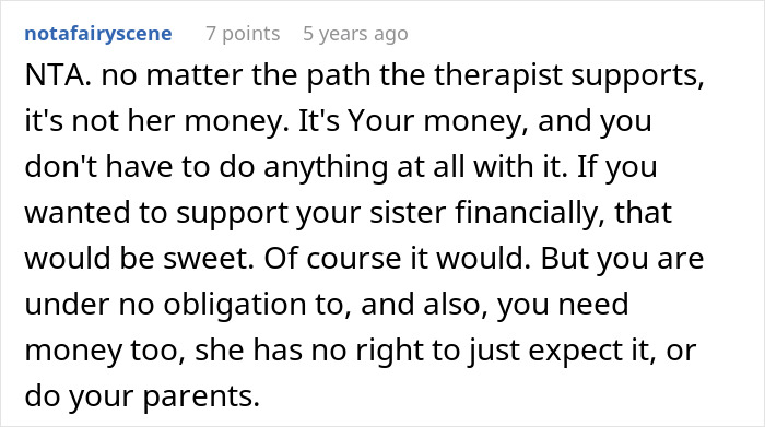 Screenshot of an online comment discussing payment fairness for sister&rsquo;s $4k plastic surgery and body dysmorphia concerns.