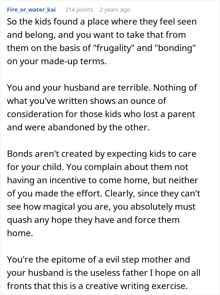 Comment criticizing a woman asking stepchildren to leave home for boarding school, highlighting lack of empathy and family bonds.