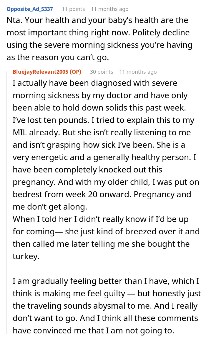 Reddit conversation about hazardous MIL cooking and a pregnant woman considering skipping Thanksgiving for health reasons.