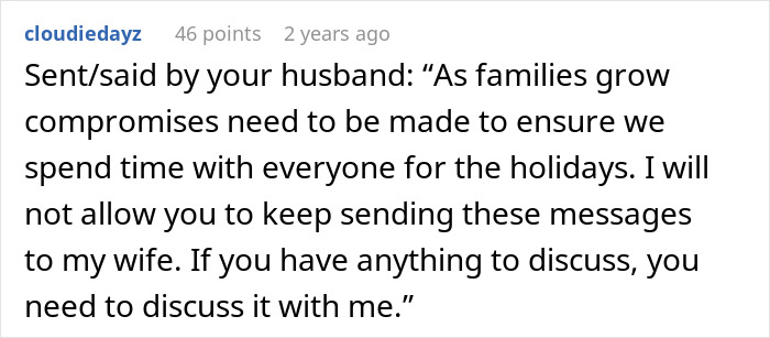 Text screenshot of a Reddit comment where a husband sets boundaries about holiday time and communication with his wife&rsquo;s family.