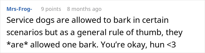 Comment explaining service dogs barking rules, related to Disneyland security questions about disabled woman and service dog.