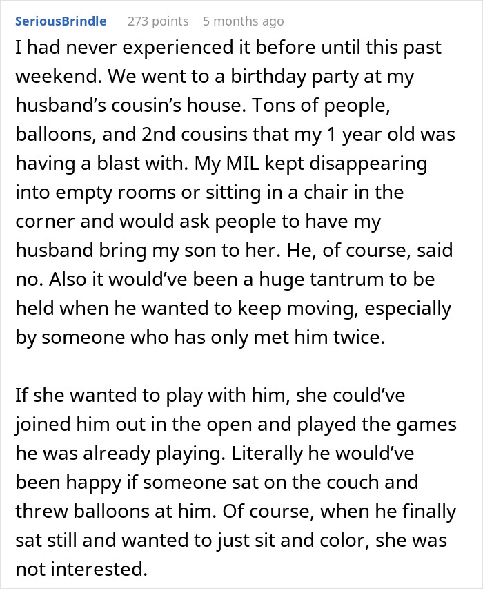 Reddit user explains why she feels deeply uncomfortable leaving her baby alone with mom or mother-in-law at a family event.