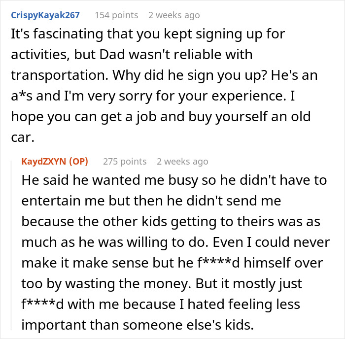 Reddit conversation showing a teen giving his father a reality check about unreliable parenting on his 50th birthday.