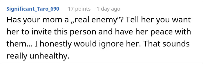 Reddit comment discussing a strained family relationship and advice on dealing with a real enemy during Thanksgiving.