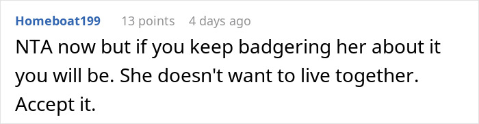 Comment highlighting a pregnant GF refusing to move together, advising to accept her decision and stop pressuring her.