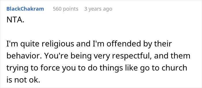 Comment discussing son&rsquo;s girlfriend sleeping in a different room and conflicts over praying and church attendance.