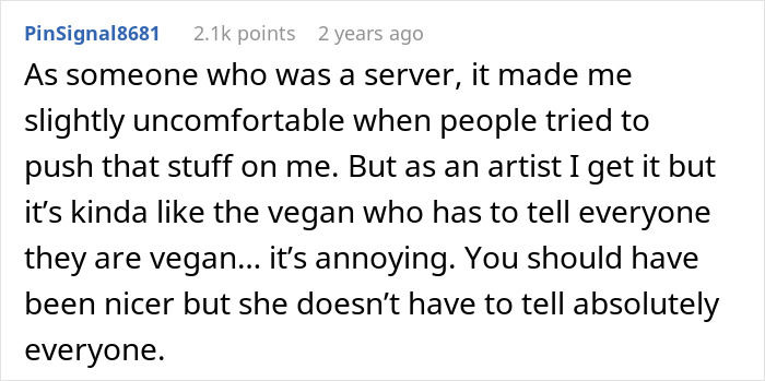 Screenshot of a user comment discussing an Etsy artist's self-promotion at family events causing frustration. Screenshot of a user comment discussing an Etsy artist's self-promotion at family events causing frustration.