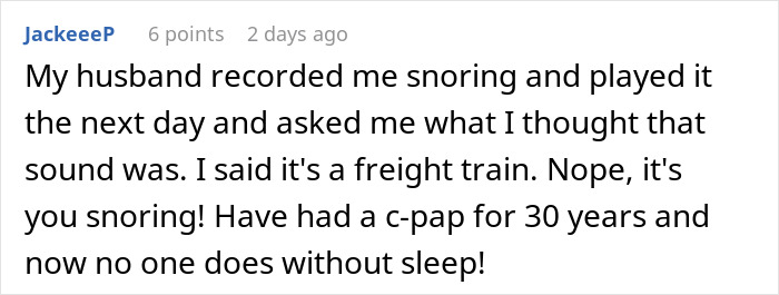 Text post about a woman kept awake by roommate&rsquo;s snoring and responding by snoring back to stay awake.