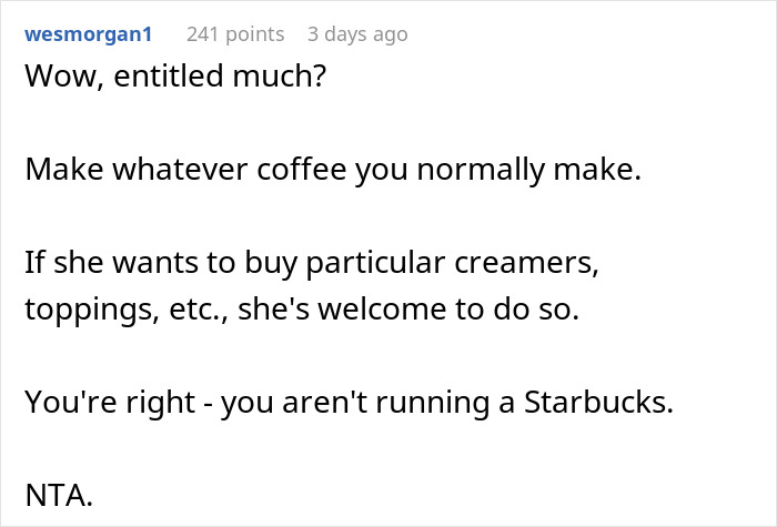 Reddit comment discussing MIL making morning coffee for DIL and ignoring fancy recipe instructions after demand.