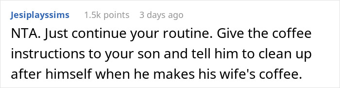 Screenshot of a comment discussing making coffee, advising to keep routine and give coffee instructions to son for his wife.