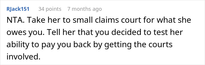 Screenshot of a forum comment advising to test a friend's loyalty by involving small claims court over owed money.