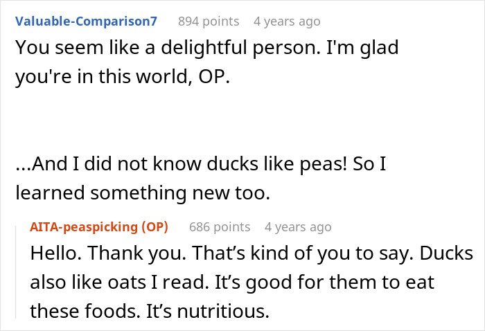 Commenters discuss learning new facts about ducks eating peas and oats in a friendly online conversation thread. Commenters discuss learning new facts about ducks eating peas and oats in a friendly online conversation thread.