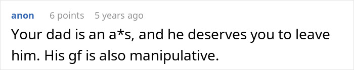 Text comment criticizing a dad and his girlfriend, related to teen leaving home after adoption issues.