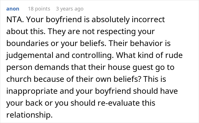 Screenshot of a Reddit comment criticizing a mother-in-law for making son's girlfriend sleep separately and forcing church attendance.