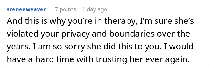 Screenshot of a comment discussing trust issues after a woman discovers her mom spied on her therapy sessions.